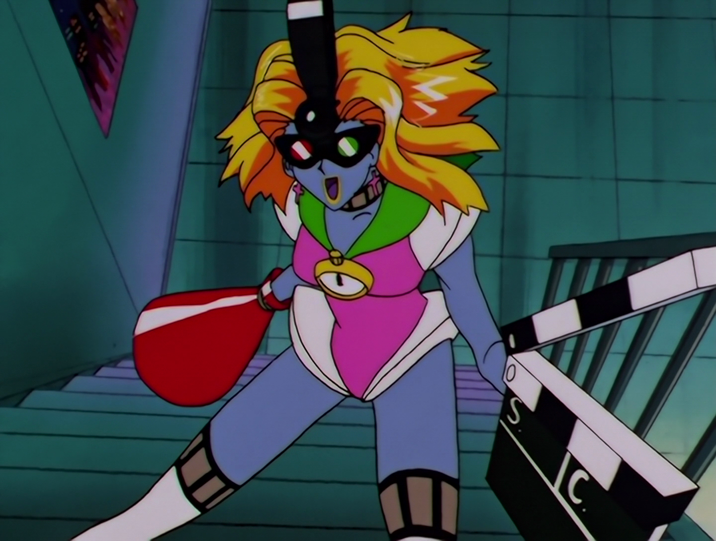 Sailor Director, a Phage from Sailor Moon episode 176. She has gray skin and blonde-orange hair. Her outfit is pink and white with a green sailor collar and attached stopwatch, and her white boots have trim resembling celluloid film. She also has a celluloid film collar, and crucifix earrings. She wears bulky goggles with red and green camera filters, and one of her hands is a red megaphone, while the other is a clapperboard.